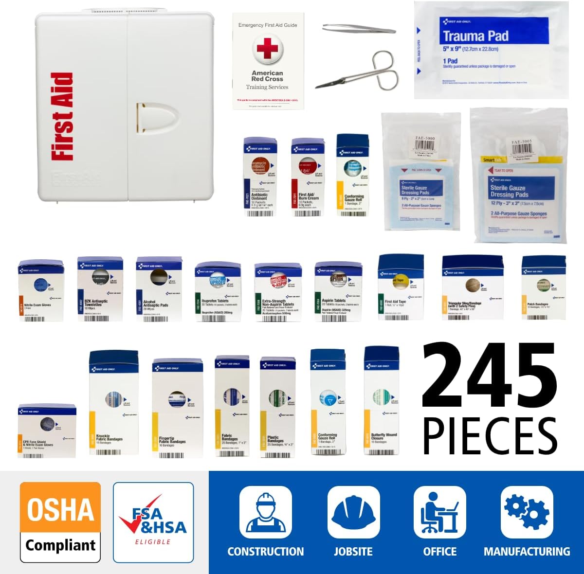 First Aid Only SmartCompliance 50-Person OSHA Compliant First Aid Kit for Business and Office Spaces - Large Plastic Cabinet - Emergency Supplies for Cuts, Bruises, and Scrapes - 245 Pieces - Image 2