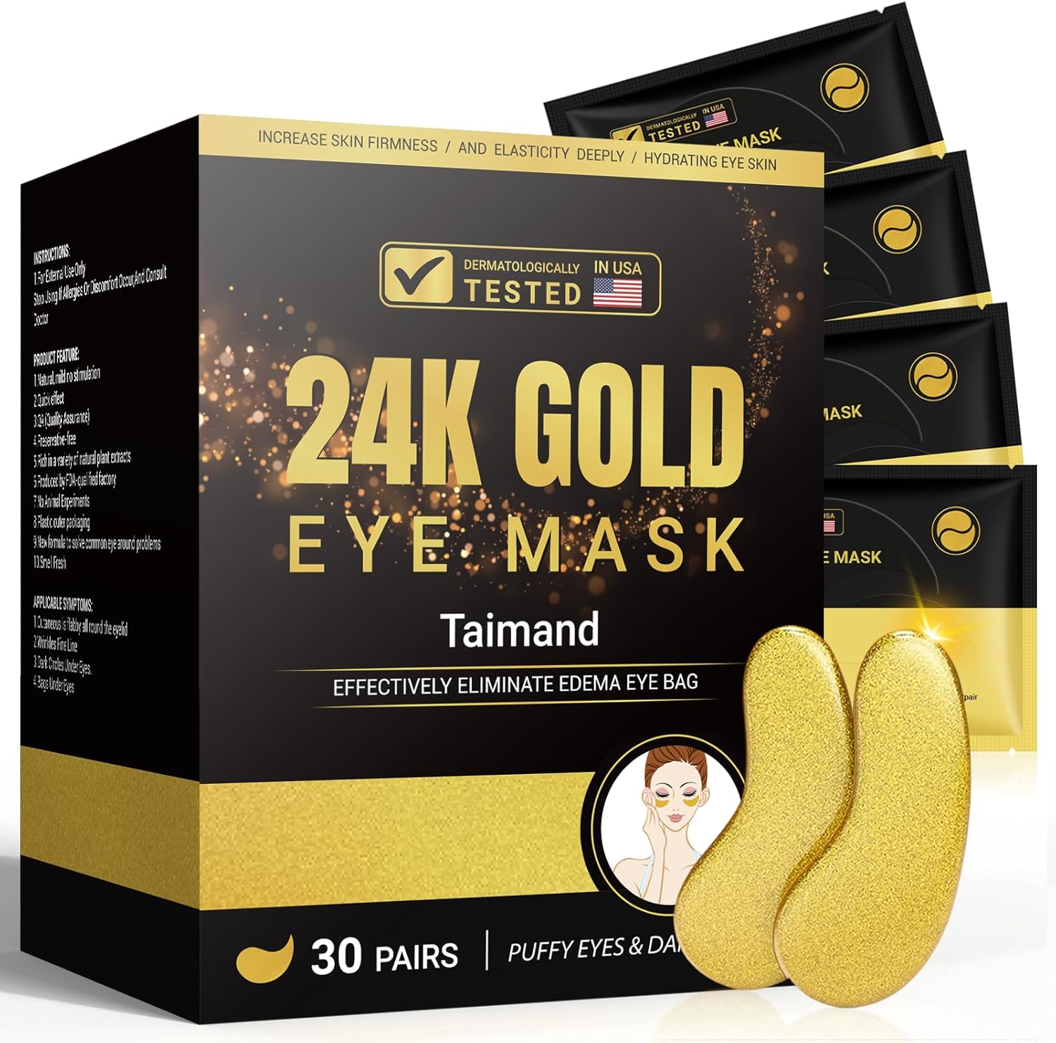Taimand Under Eye Patches (30 Pairs), 24K Gold Under Eye Mask for Puffy Eyes, Dark Circles,Bags and Wrinkles with Collagen,Relieves Pressure and Reduces Wrinkles,Revitalises and Refreshes Your Skin
