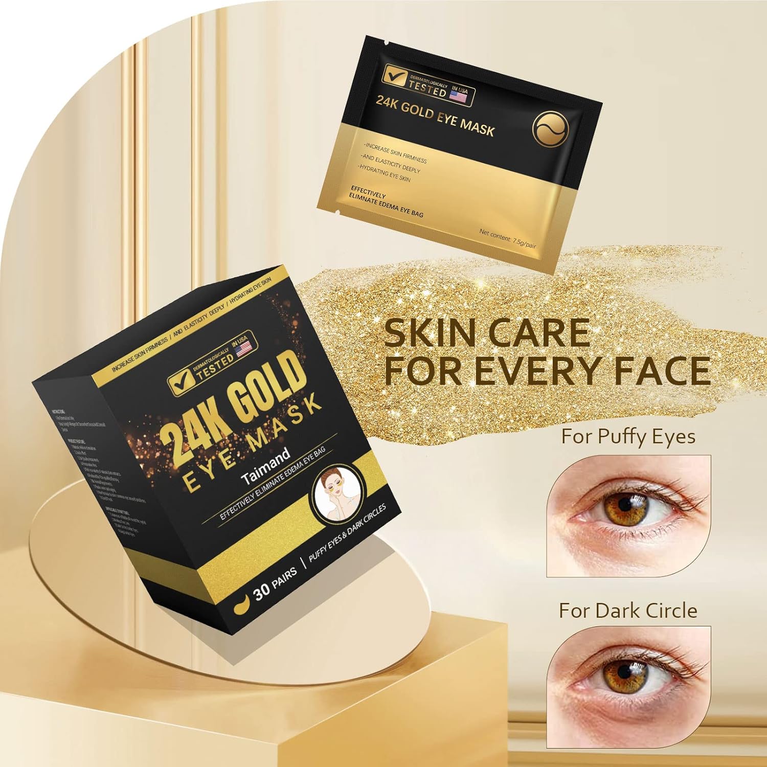 Taimand Under Eye Patches (30 Pairs), 24K Gold Under Eye Mask for Puffy Eyes, Dark Circles,Bags and Wrinkles with Collagen,Relieves Pressure and Reduces Wrinkles,Revitalises and Refreshes Your Skin - Image 4